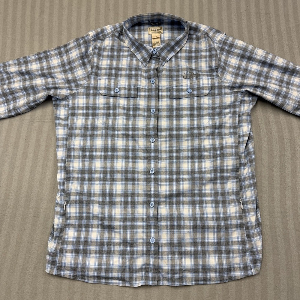 LL Bean Top Womens Large Plaid Long Sleeve Button‎ Up With Zipper Pockets